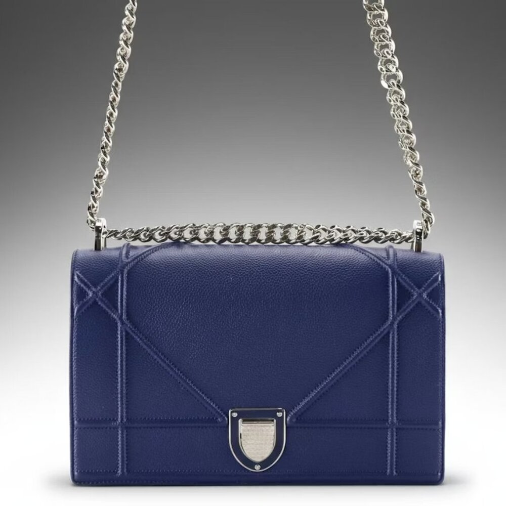 Christian Dior Blue Grained Leather Diorama Medium Flap Bag